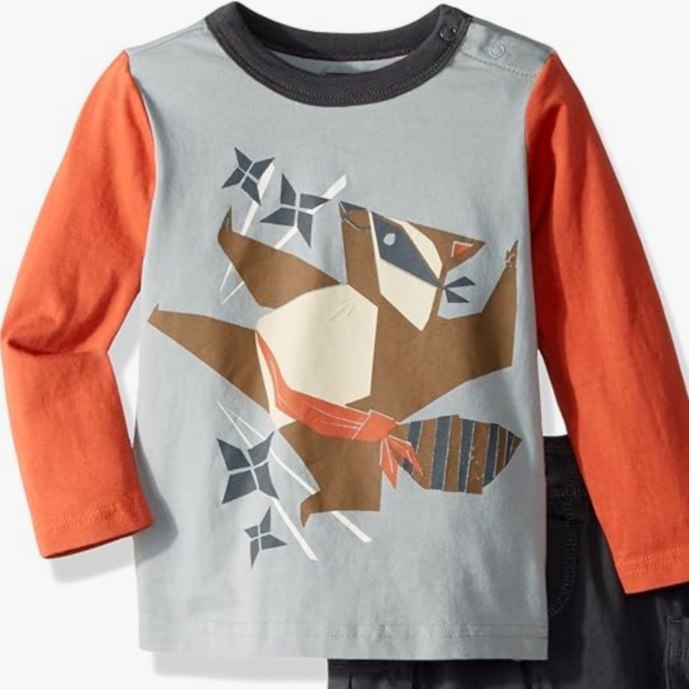 Tea Collection Tanuki Ninja Racoon Long Sleeve Tee Blue Orange
